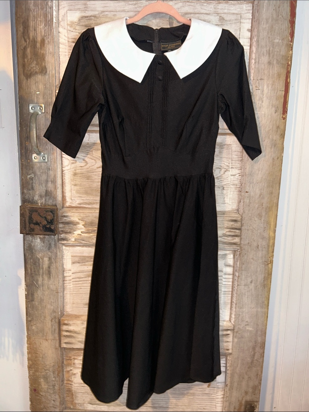 Stop Staring Black Midi Dress with White Peter Pan Collar, L
